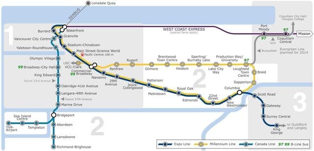Mapa de las estaciones de metro de Vancouver
