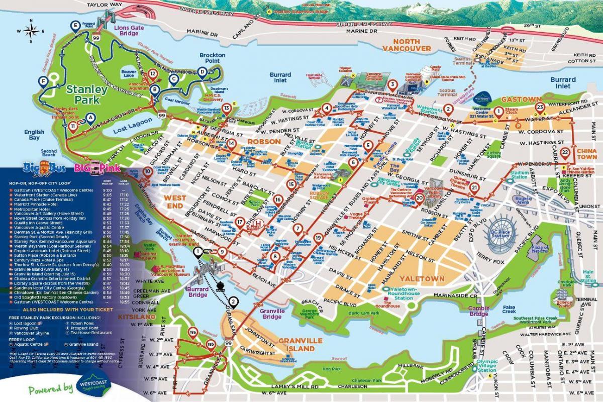 Mapa de las rutas de autobús Hop On Hop Off de Vancouver
